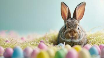 ai generiert bezaubernd Ostern Hase mit Ostern Eier, bunt Ostern Eier, Banner und Hintergrund foto