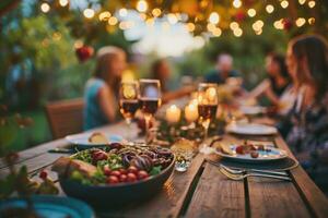 ai generiert glücklich freunde haben Spaß draussen. Gruppe von freunde haben Hinterhof Abendessen Party foto