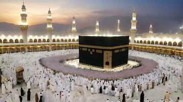 ai generiert islamisch Feierlichkeiten Ramadan und eid beim Mekka Kaaba Center foto