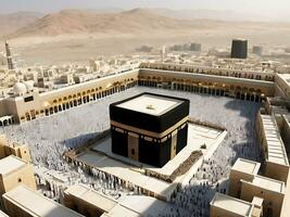 ai generiert Muslime versammeln beim Kaaba beschwingt Ramadan und eid Traditionen foto