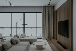 zeitgenössisch schick nordisch sauber Stil modern Leben Zimmer mit stilvoll Sofa im Vorderseite von Fernseher Tafel. foto