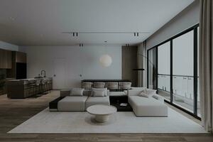 zeitgenössisch schick nordisch sauber Stil modern Leben Zimmer mit stilvoll Sofa und schick Dekoration. foto