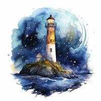 ai generiert Leuchtturm neben das Meer beim Nacht. Aquarell zum T-Shirt Design. ai generiert foto