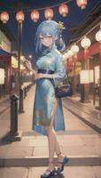 ai generiert süß Anime Mädchen Charakter tragen Chinesisch cheongsam Zansae Qipao Mandarin Kleid zum visuell Roman Festival Hintergrund foto