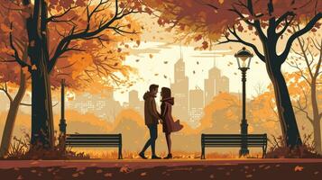 ai generiert Panorama von ein tolle Herbst szenisch Landschaft mit Paar von Liebhaber foto
