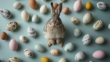 ai generiert süß Hase mit bunt gemalt Ostern Eier. Konzept von glücklich Ostern Tag. foto