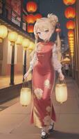 ai generiert süß Anime Mädchen Charakter tragen Chinesisch cheongsam Zansae Qipao Mandarin Kleid zum visuell Roman Festival Hintergrund foto