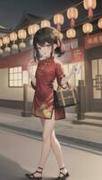 ai generiert süß Anime Mädchen Charakter tragen Chinesisch cheongsam Zansae Qipao Mandarin Kleid zum visuell Roman Festival Hintergrund foto