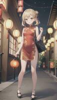 ai generiert süß Anime Mädchen Charakter tragen Chinesisch cheongsam Zansae Qipao Mandarin Kleid zum visuell Roman Festival Hintergrund foto