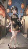 ai generiert süß Anime Mädchen Charakter tragen Chinesisch cheongsam Zansae Qipao Mandarin Kleid zum visuell Roman Festival Hintergrund foto