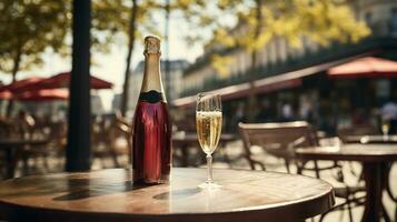 ai generiert generativ ai, Glas von Champagner und Flasche auf hölzern Tabelle mit verwischen Hintergrund mit Beleuchtung von Straße Bar, Cafe, Kaffee Geschäft oder Restaurant, trinken spotten oben foto