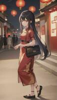 ai generiert süß Anime Mädchen Charakter tragen Chinesisch cheongsam Zansae Qipao Mandarin Kleid zum visuell Roman Festival Hintergrund foto