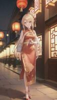 ai generiert süß Anime Mädchen Charakter tragen Chinesisch cheongsam Zansae Qipao Mandarin Kleid zum visuell Roman Festival Hintergrund foto