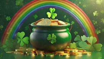 ai generiert Banner mit Topf von Gold Münzen, Kleeblatt Blätter und Regenbogen. st. Patrick's Tag Konzept. foto