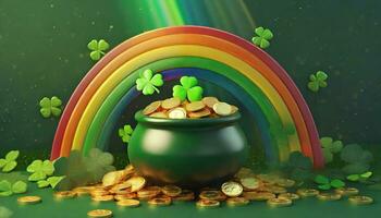 ai generiert Banner mit Topf von Gold Münzen, Kleeblatt Blätter und Regenbogen. st. Patrick's Tag Konzept. foto