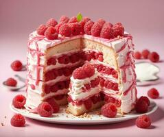 ai generiert Himbeere Kuchen mit ausgepeitscht Sahne und frisch Himbeeren, selektiv Fokus foto