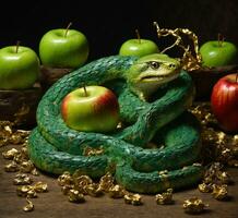 ai generiert Grün Schlange mit Äpfel auf hölzern Hintergrund. Halloween Konzept. selektiv Fokus. foto