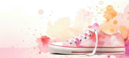 ai generiert Aquarell Mode Sneaker im Pastell- Pfirsich Rosa Farben auf ein Hintergrund von Aquarell spritzt und Flecken. Banner mit Kopieren Raum. Ideal zum verwenden im Marketing Materialien, online Shops foto