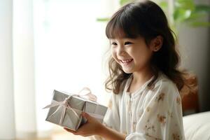 ai generiert süß asiatisch wenig Mädchen halten Geschenk Box im Leben Zimmer foto