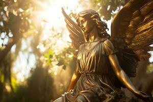ai generiert golden Engel Statue im ein Friedhof im ein sonnig Tag foto