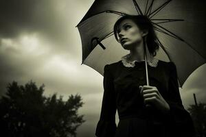 ai generiert schön jung Frau mit Regenschirm im das Friedhof foto
