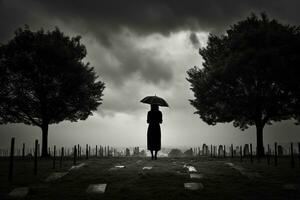 ai generiert schön jung Frau mit Regenschirm im das Friedhof foto