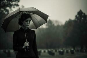 ai generiert schön jung Frau mit Regenschirm im das Friedhof foto