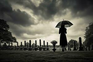 ai generiert schön jung Frau mit Regenschirm im das Friedhof foto