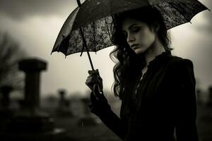 ai generiert schön jung Frau mit Regenschirm im das Friedhof foto