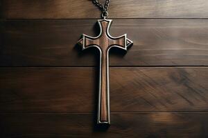 ai generiert hölzern Christian Kreuz auf ein hölzern Hintergrund.christlich Religion Konzept. foto