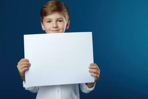 ai generiert wenig Junge halten ein leer Weiß Blatt von Papier foto