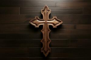 ai generiert hölzern Christian Kreuz auf ein hölzern Hintergrund.christlich Religion Konzept. foto