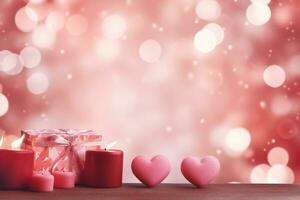 ai generiert Valentinstag Tag Hintergrund mit Herzen und Kerzen auf Bokeh Hintergrund foto