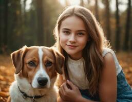 ai generiert Porträt von ein jung schön Frau mit ihr Hund. ai Generation foto