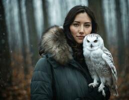 ai generiert Porträt von ein Frau mit ein Owl.ai generiert foto