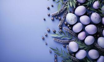 ai generiert Lavendel Hintergrund mit Blau Eier und Lavendel, foto