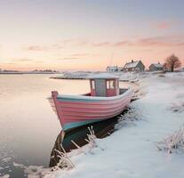 ai generiert fotografieren von ein Boot in der Nähe von ein Schnee bedeckt Stadt, Dorf im das Bucht, foto