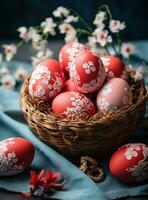 ai generiert rot gefärbt Ostern Eier im Korb mit Grün, foto