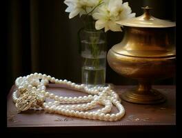 ai generiert Weiß Perle Halskette auf Anzeige, foto