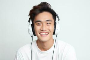 ai generiert lächelnd asiatisch jung Mann im Weiß Tee Hemd Hören Musik- mit Weiß Kopfhörer auf Weiß. schließen hoch. foto