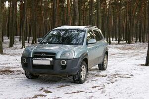 hyundai Tucson suv auf das Straße im ein Kiefer Winter Wald foto