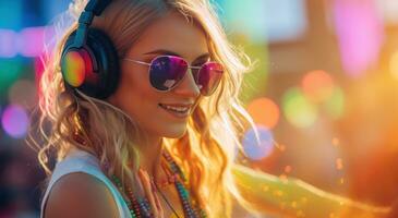 ai generiert ein Frau im Sonnenbrille ist djing beim ein Musik- Festival, foto