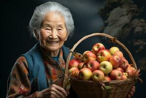 ai generiert ein Alten Frau lächelnd mit ein Korb voll von Äpfel, foto