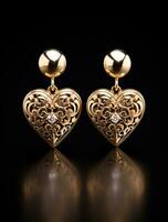 ai generiert ein Paar von Gold Herz geformt Ohrringe foto