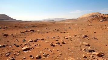 ai generiert bietet ein Blick von das Mars Landschaft, mit es ist rötlich Farbtöne und felsig Terrain foto