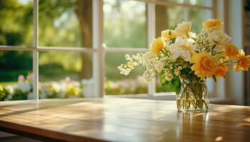 ai generiert Küche Tabelle mit Blume Blumensträuße Über hölzern Fenster, foto