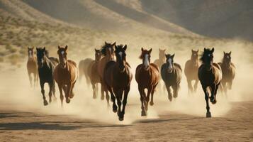 ai generiert ein Herde von wild Mustangs Laufen über ein Wüste Landschaft foto