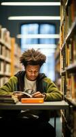 ai generiert ein Schüler Sitzung im ein Bibliothek, umgeben durch Bücher und lesen aufmerksam foto