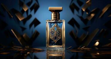 ai generiert ein Flasche von Parfüm auf ein Blau Hintergrund mit Gold und Schwarz, foto