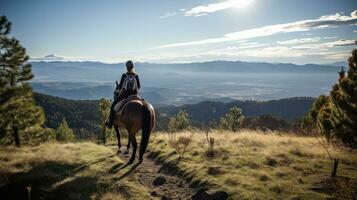 ai generiert ein Fahrer und Pferd durchqueren ein Wicklung Berg Pfad, mit atemberaubend Ansichten von Landschaft foto